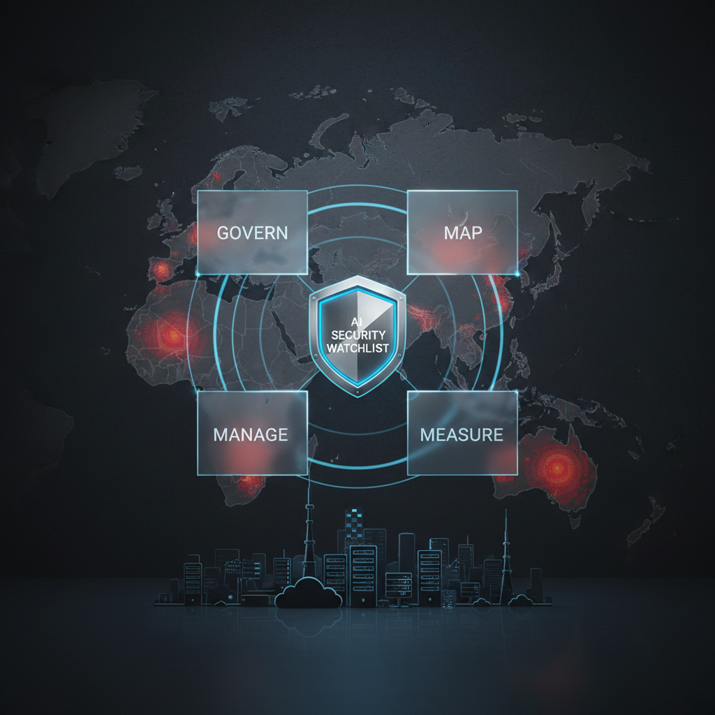 Structured AI security watchlist workflow using NIST AI RMF functions: Govern, Map, Measure, Manage, with East Asia regional context implied