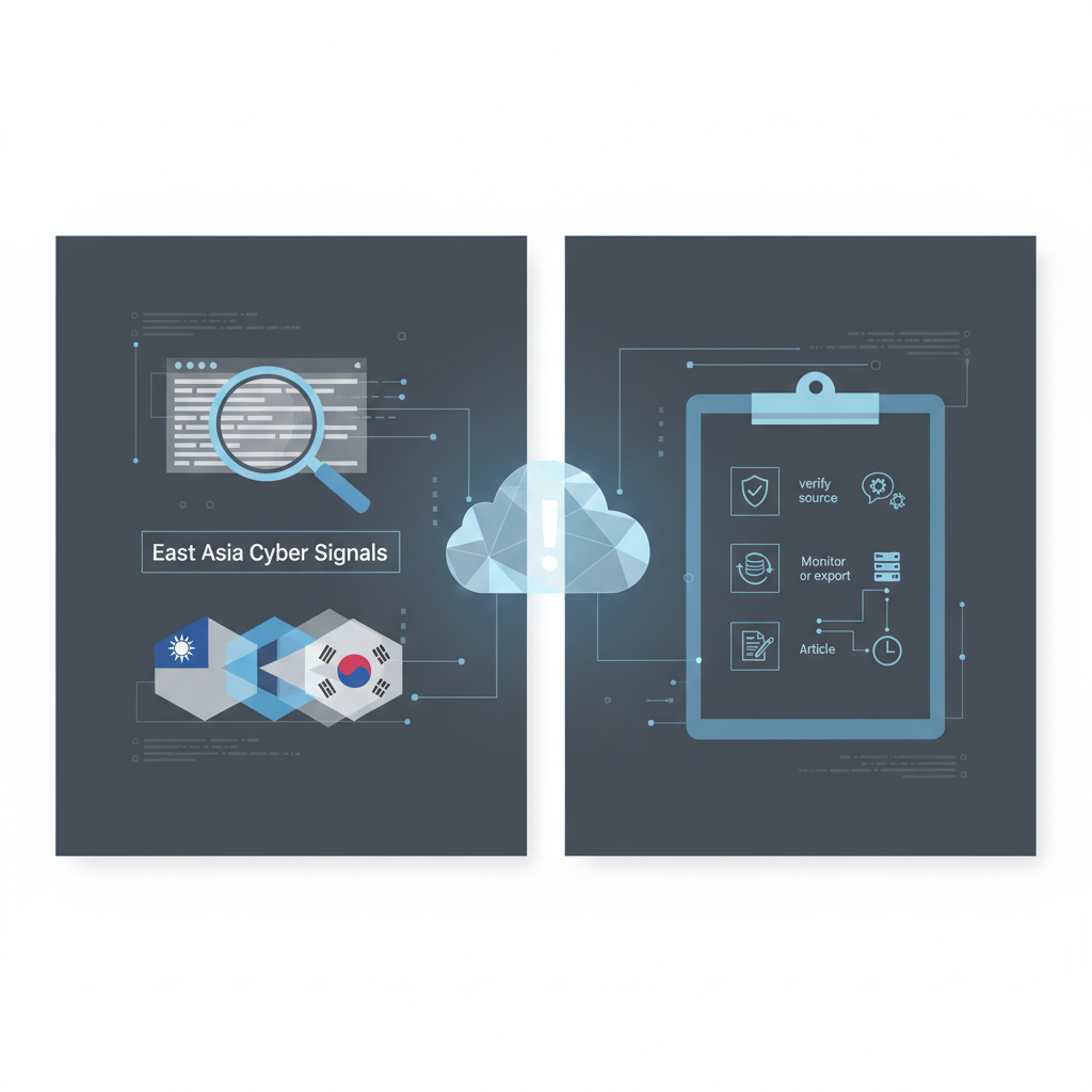 Editorial visual depicting the Nogosee public-signal scoring workflow: verifying East Asia cyber signals before deciding whether to publish an article, keep in monitoring, or hold for weekly brief.
