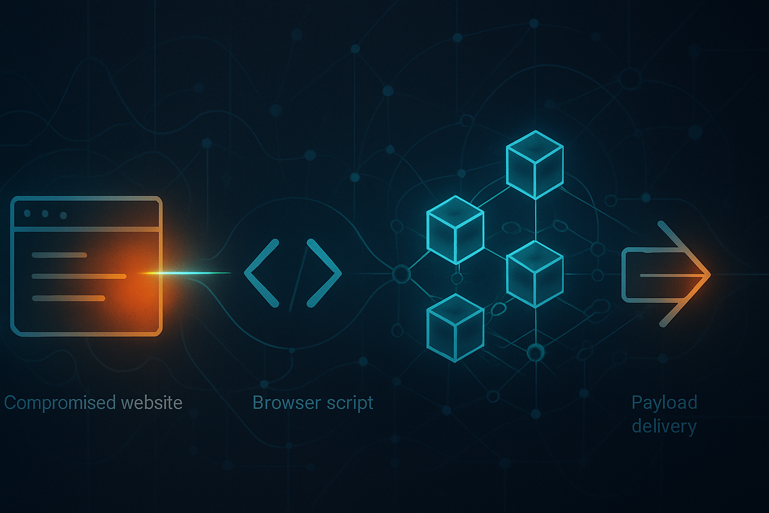 Abstract diagram showing a compromised website leading to a browser script that queries a blockchain smart contract for command-and-control instructions, illustrated with network topology lines and a risk heatmap.