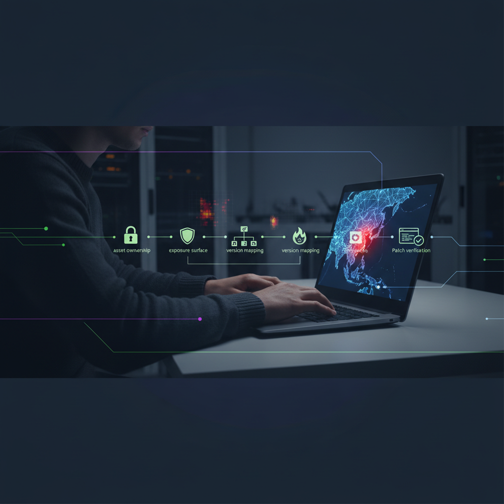 Platform team conducting vulnerability signal triage for East Asia assets using a five-step checklist: asset ownership, exposure surface, version mapping, compensating controls, and patch verification.