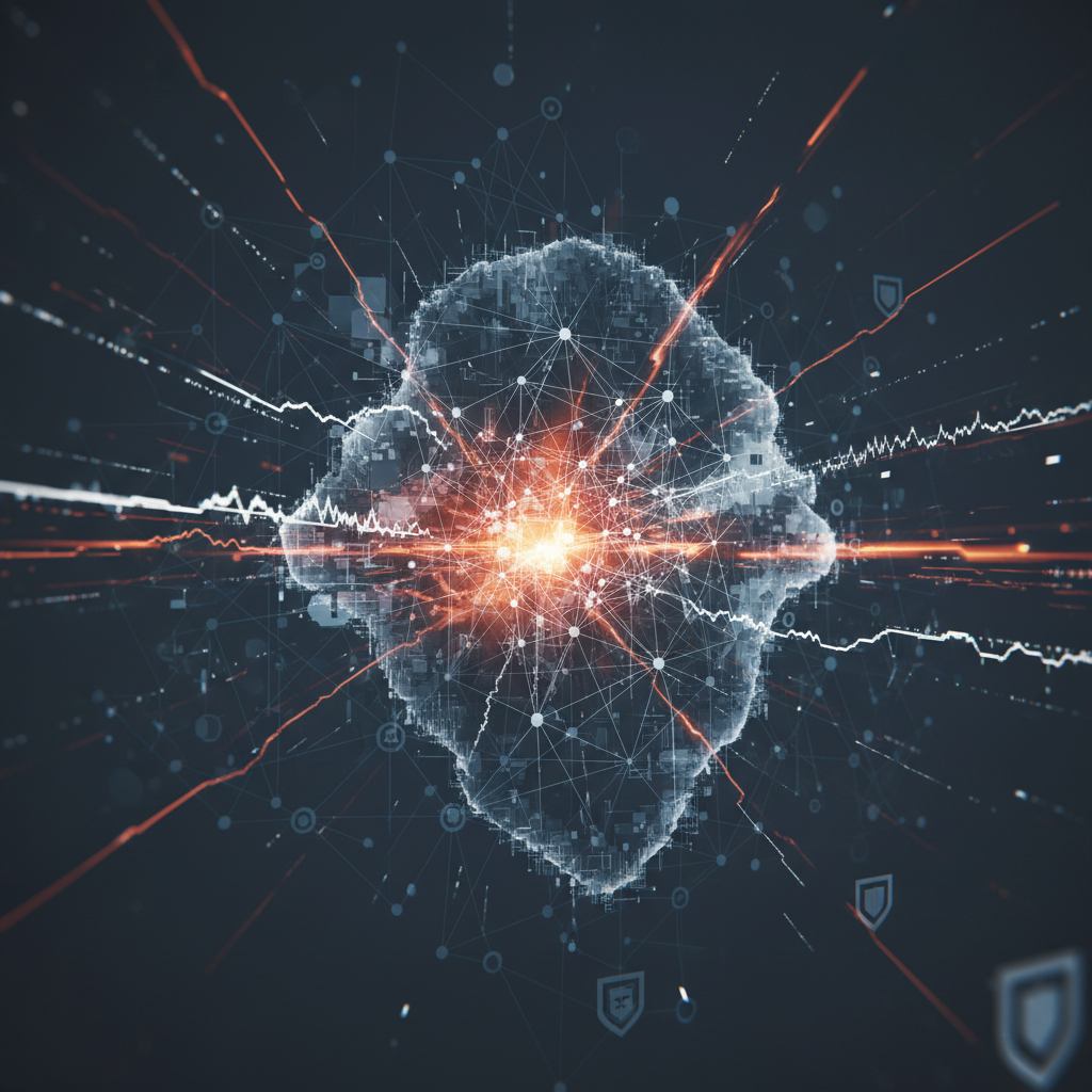 An abstract cybersecurity visualization showing a financial network topology map with risk heatmap overlays and stressed data flow lines representing complex infrastructure threats.