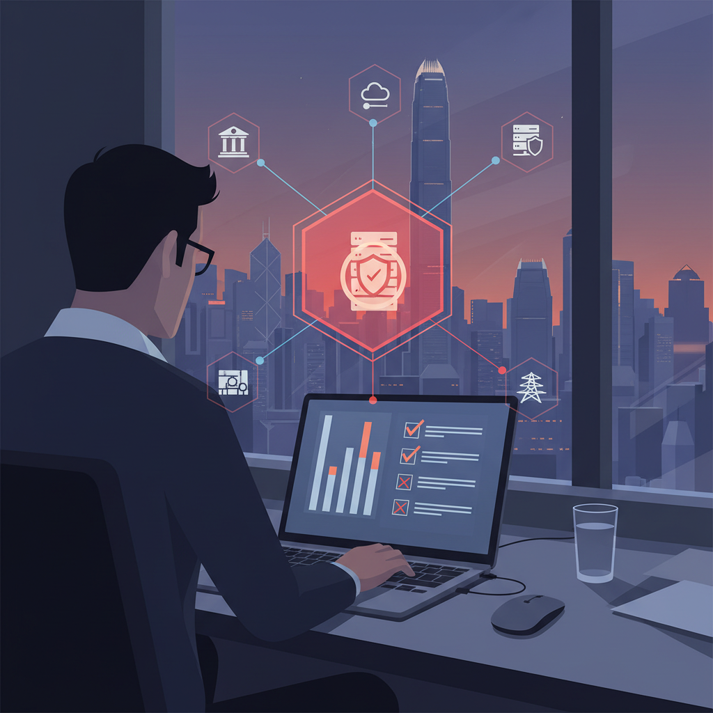 Security analyst using a practical checklist to triage Hong Kong finance and cloud security signals from GovCERT.HK alerts, with sector-specific icons in the background