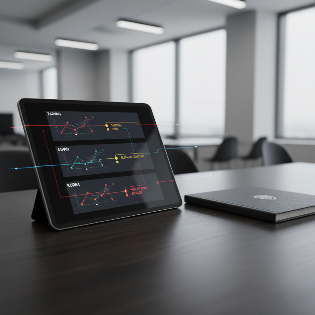 An executive's desk with a tablet showing an East Asia cyber risk dashboard divided by region, representing a structured intelligence reporting workflow.
