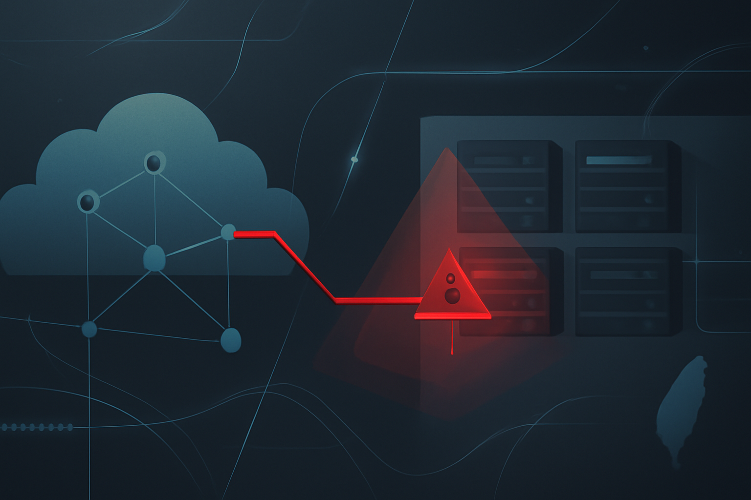 Abstract network architecture graphic highlighting a critical command injection risk path to a server node with a risk heatmap overlay.