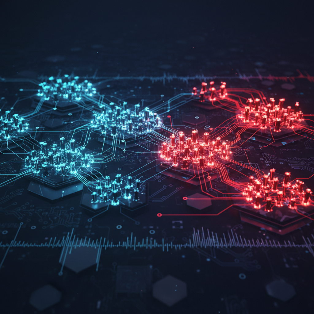 An abstract cybersecurity visualization showing a network topology where data nodes transition from secure blue to high-risk red, symbolizing the vulnerability of credentials in a high-compute environment.