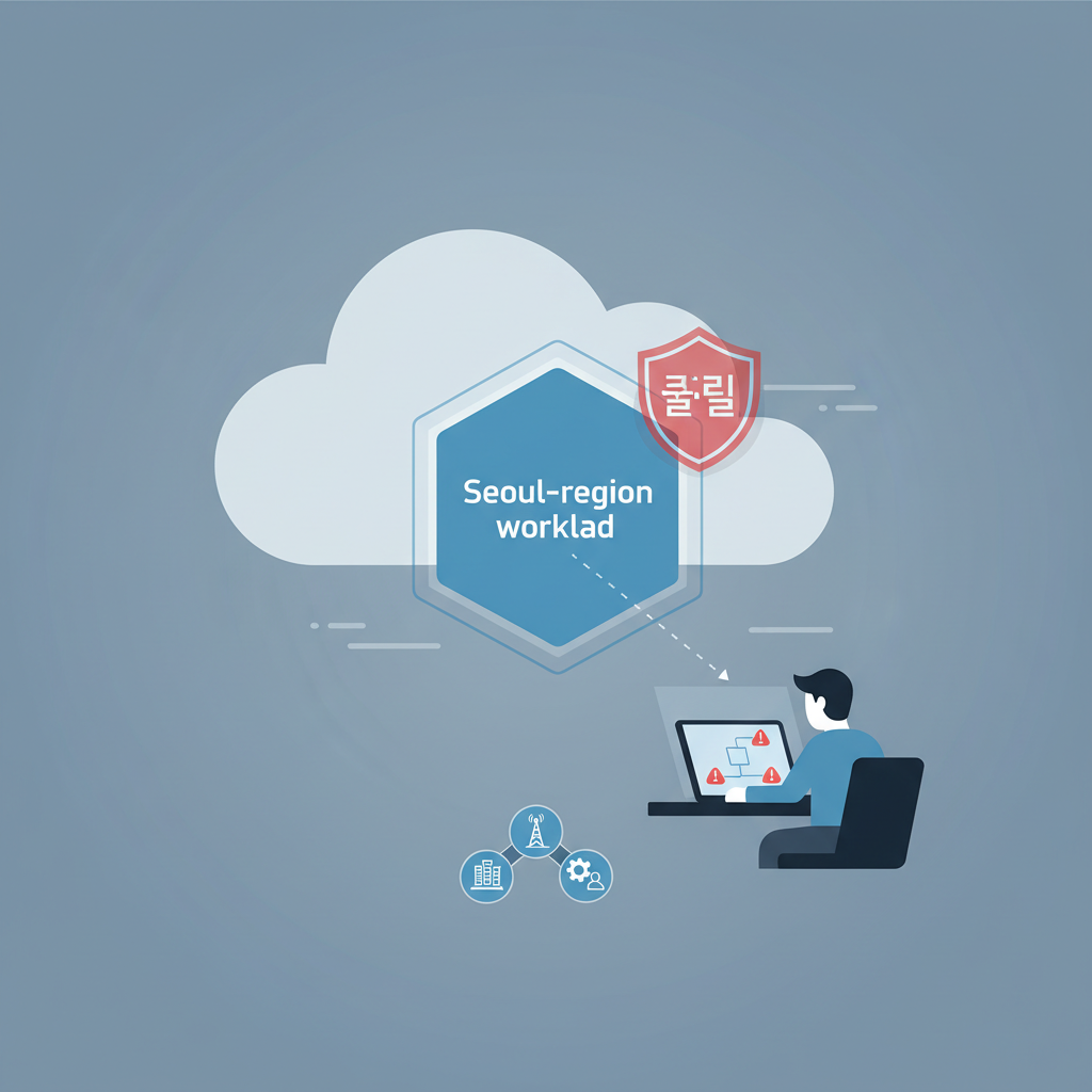 Cloud infrastructure with a KrCERT alert notification over a Seoul-region server, indicating regional vulnerability monitoring for identity and infrastructure teams
