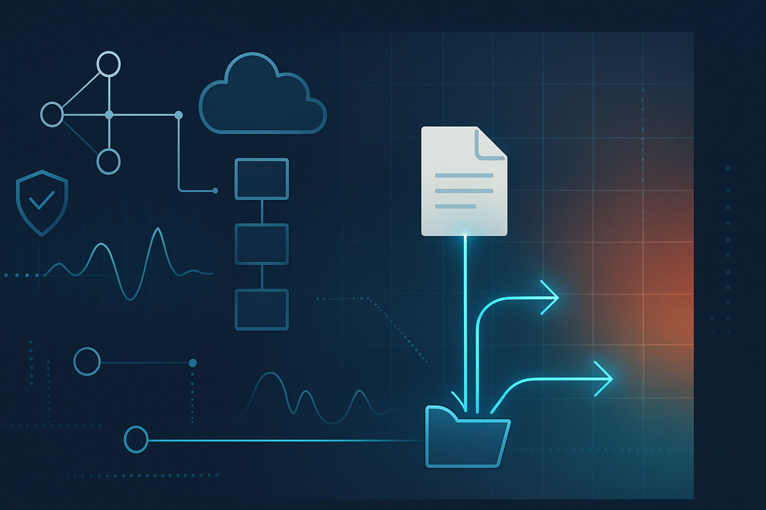 Abstract diagram-style image of a developer tooling workflow with a highlighted automation trigger and risk heatmap overlays, representing VS Code task abuse for stealthy malware execution.