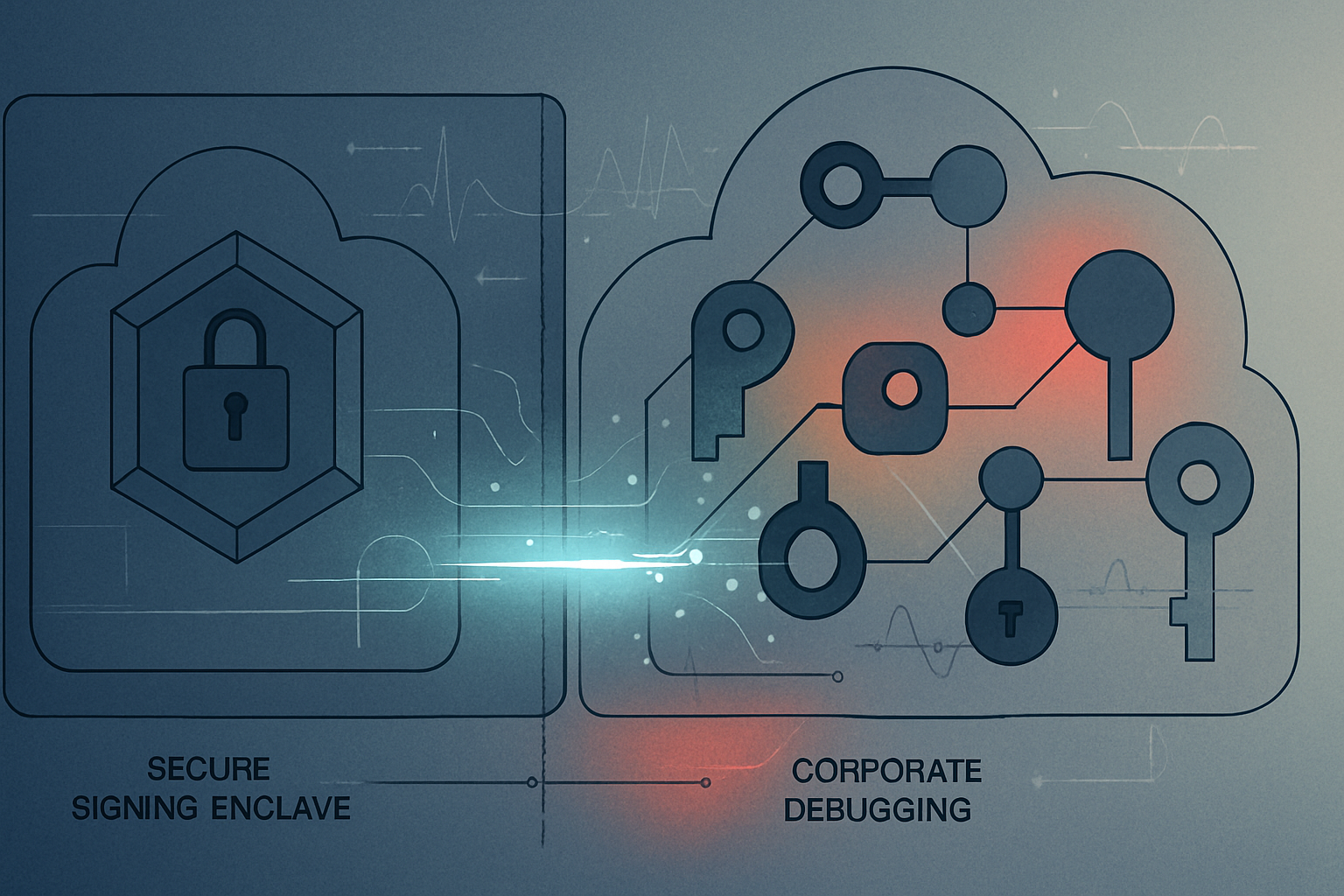 Abstract diagram of a secure token-signing enclave connected to a corporate debugging environment, with a highlighted artifact path and risk heatmap indicating cloud identity key-management failure modes.