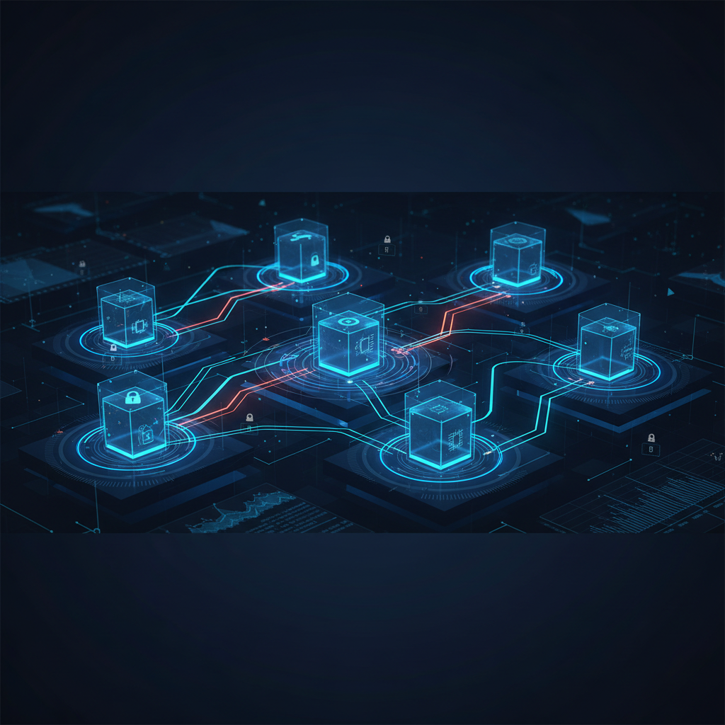 An abstract technology editorial image depicting a secure network topology and infrastructure architecture with a focus on lateral security and data protection.