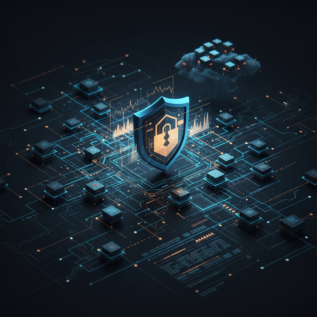 Abstract cybersecurity visualization featuring network nodes and geometric signal graphs representing secure privilege validation in a cloud infrastructure environment.