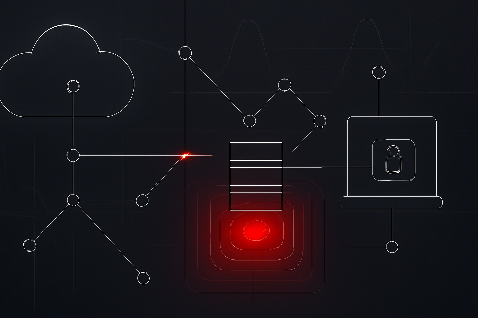 Abstract diagram showing a network request path to an endpoint service and a highlighted file system write risk area, representing an arbitrary file write vulnerability.