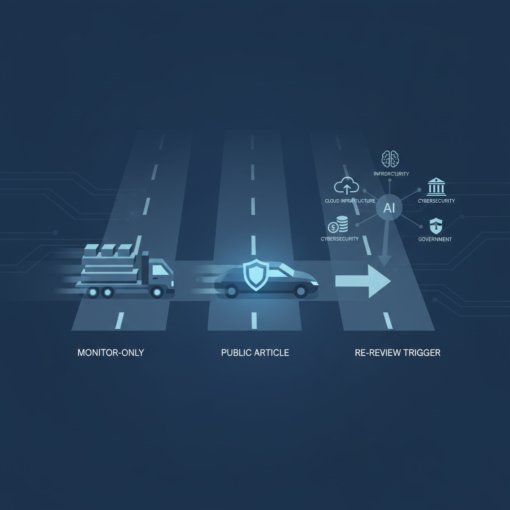 Visual metaphor of a monitoring workflow: vendor boilerplate posts in a monitor-only lane, public articles in a fast lane, and re-review triggered by evidence of named entities, sector impact, or technical context.