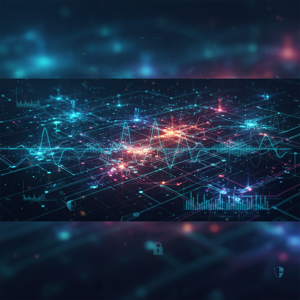 Abstract visualization of AI network topology, signal graphs, and risk heatmaps representing corporate AI training infrastructure.