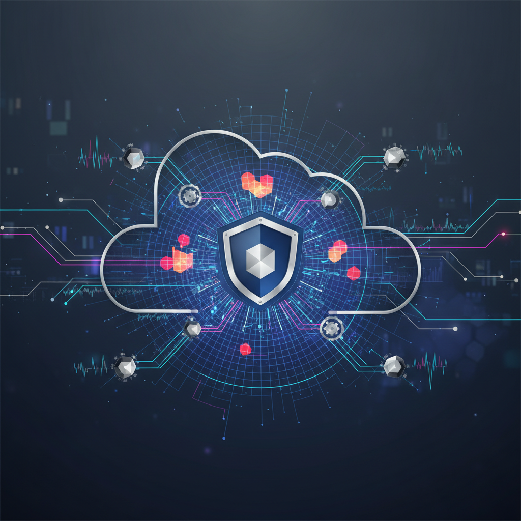 An abstract enterprise-grade visualization of network security architecture and vulnerability patching logic.