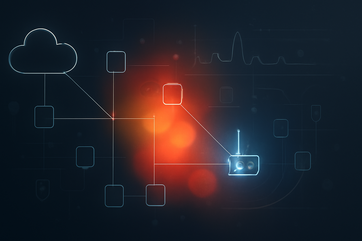 Abstract diagram of an edge network device with a highlighted authentication risk signal and heatmap, representing a brute-force protection bypass vulnerability.