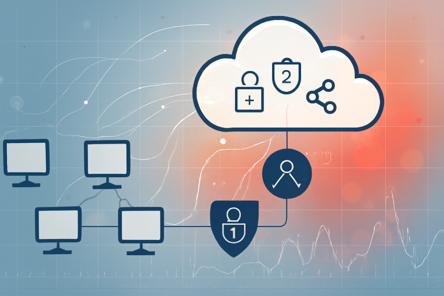 Abstract cloud and endpoint security architecture with risk heatmap and vulnerability signal graph representing Patch Tuesday triage across Windows, identity SSO, and collaboration systems.