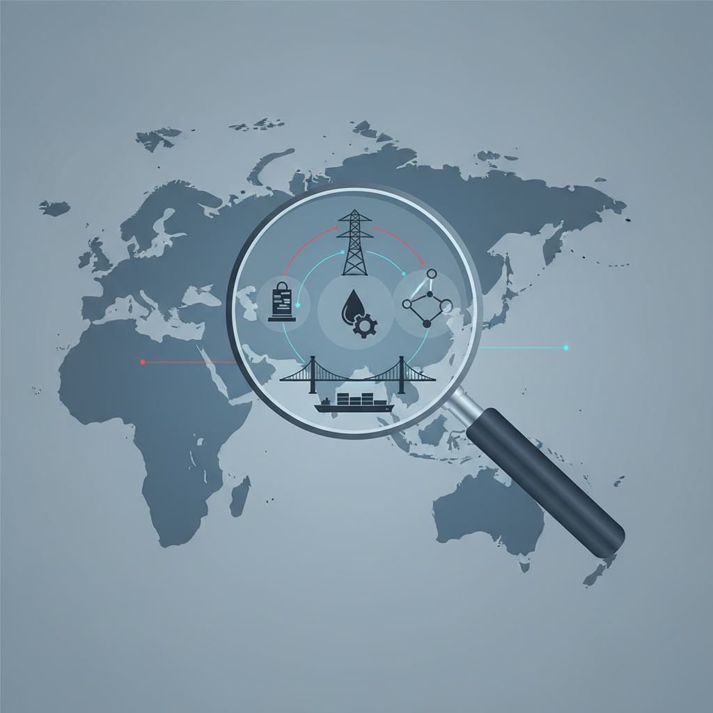 Magnifying glass inspecting critical infrastructure symbols over an East Asia map, representing signal verification for regional risk briefs