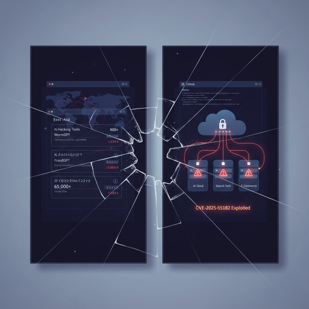 Illustration of AI-powered hacking tools spreading from dark web and open platforms to orchestrate autonomous attacks on cloud and enterprise systems, showing WormGPT, Ollama, and credential theft from major tech firms