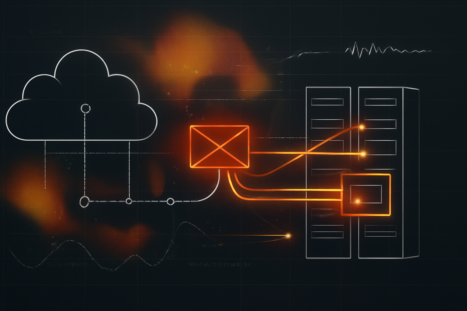 Abstract diagram showing an email gateway in a network topology highlighted as a critical risk point with data-flow lines indicating command injection leading to server-side execution.