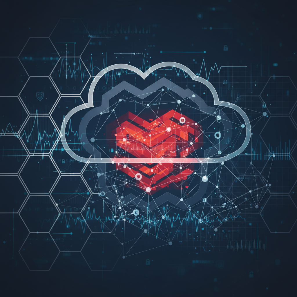 An abstract visualization of a secure network topology with glowing nodes and interconnected data pathways, representing a resilient AI-driven cybersecurity infrastructure.