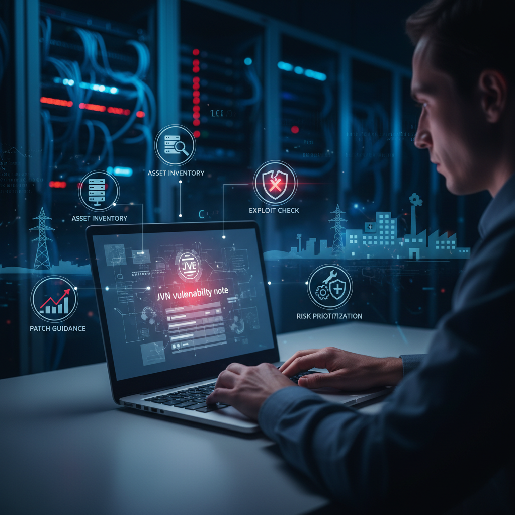 Scenario tutorial visual: global security team performing first checks on a Japanese vendor CVE using asset verification, exploit assessment, vendor guidance review, and risk-based prioritization