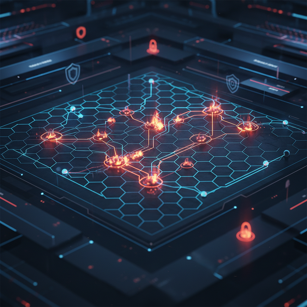An abstract cybersecurity diagram showing network nodes and data paths with a highlighted risk zone indicating a software vulnerability.