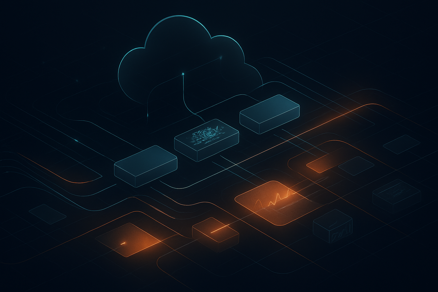 Abstract illustration of a cloud AI system security architecture with layered controls, monitoring traces, and a risk heatmap overlay.