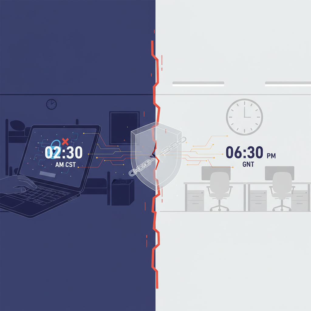 Illustration of a student in China facing a device lockout at night with no IT support available, contrasting with an inactive UK university helpdesk during daytime hours, highlighting the accessibility gap in global education cybersecurity.