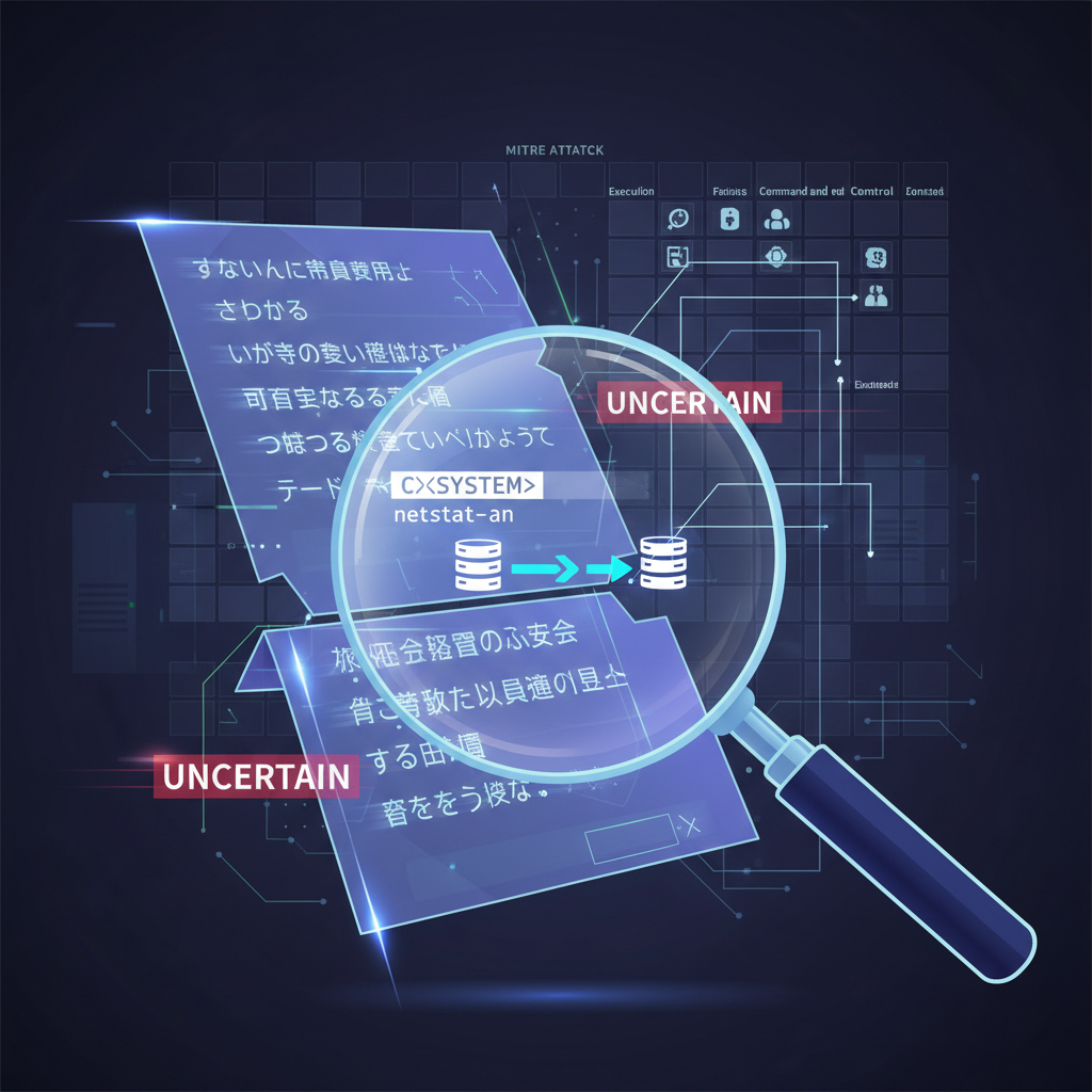 Illustration of mapping an East Asia incident write-up to MITRE ATT&CK: a magnifying glass highlights only verified behaviors (command execution, network traffic) in a partially obscured report, with the ATT&CK framework visible in the background as a reference for evidence-based technique assignment.