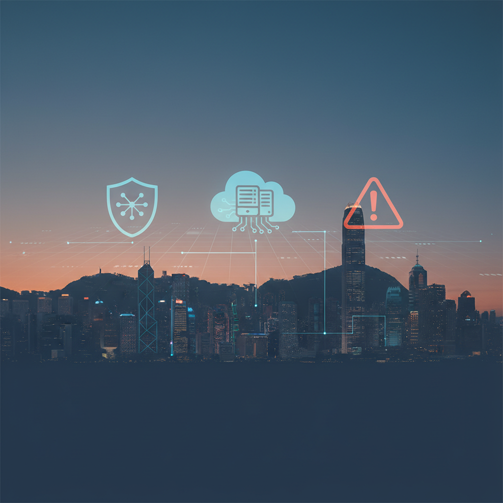 Hong Kong skyline with finance, cloud, and security warning icons overlayed for cybersecurity risk monitoring context