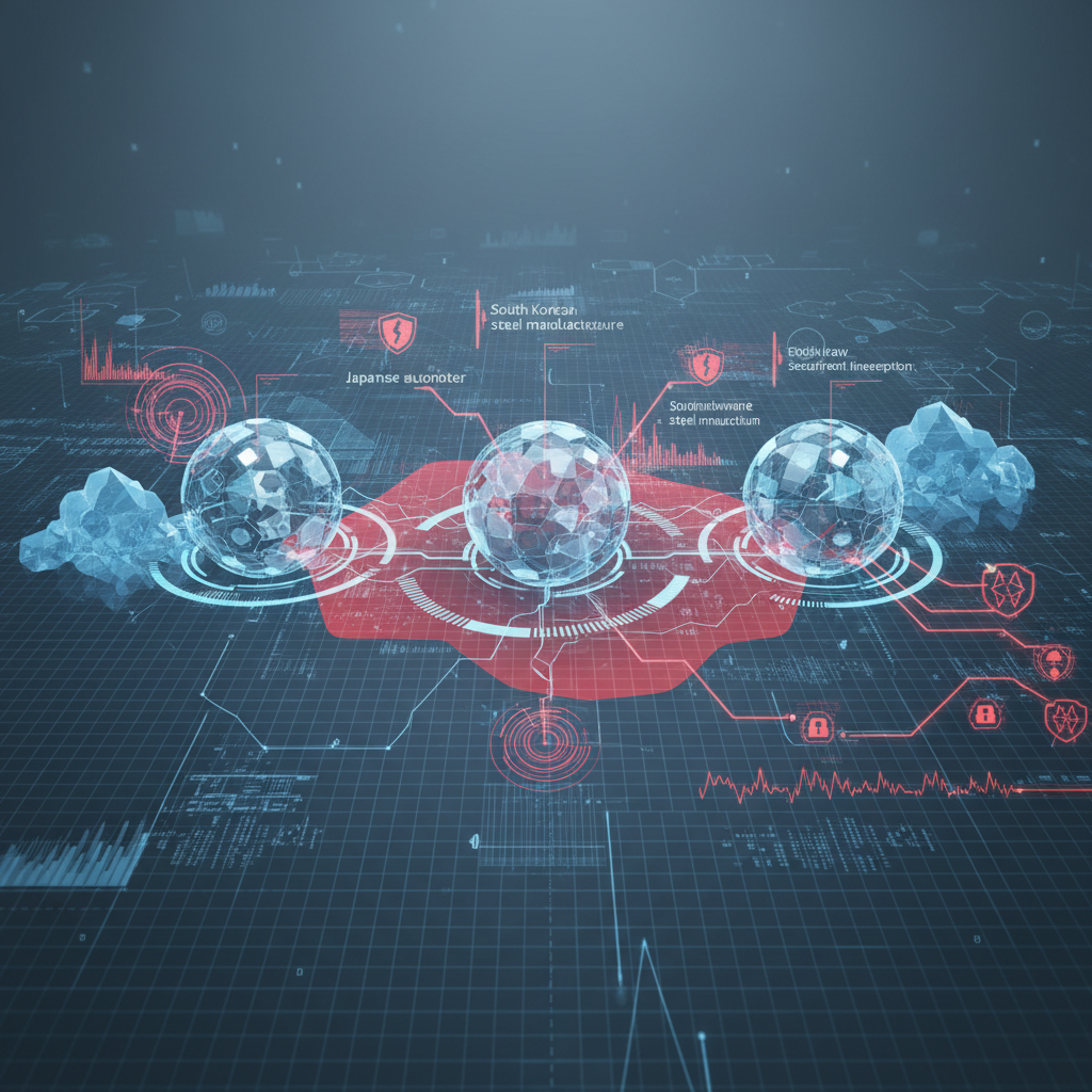 Abstract visualization of cyber threat landscape involving unauthorized access to Japanese automotive systems, ransomware attack on South Korean steel manufacturer, and dark web forum takedown, symbolizing interconnected East Asia cyber risks