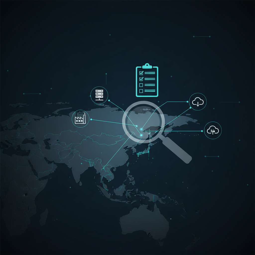 Magnifying glass over East Asia map highlighting Taiwan, Japan, Korea, connected to vendor symbols and a checklist, representing vendor risk monitoring from public sources