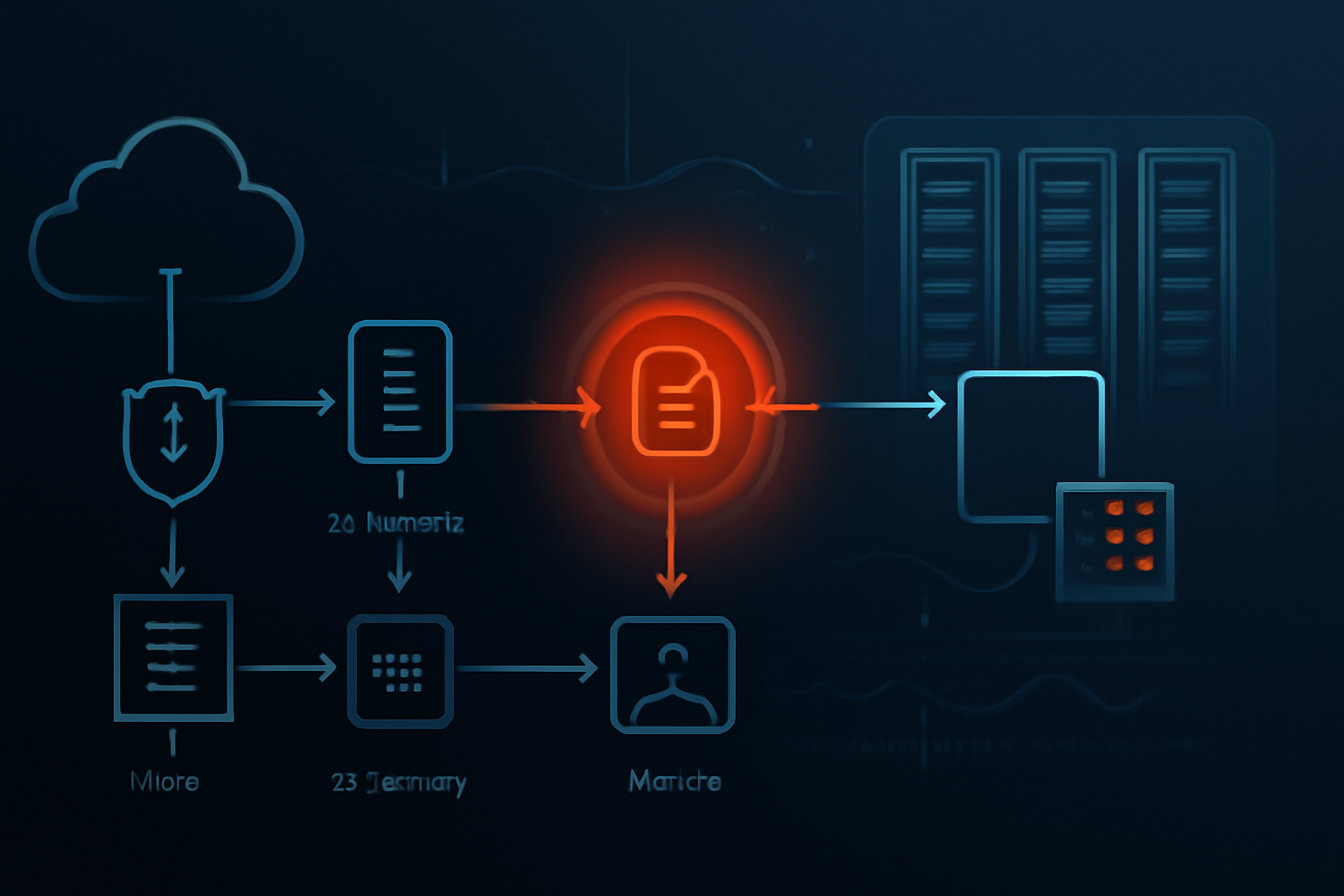 Abstract diagram of an enterprise web application architecture with a highlighted file upload path and risk heatmap indicator.