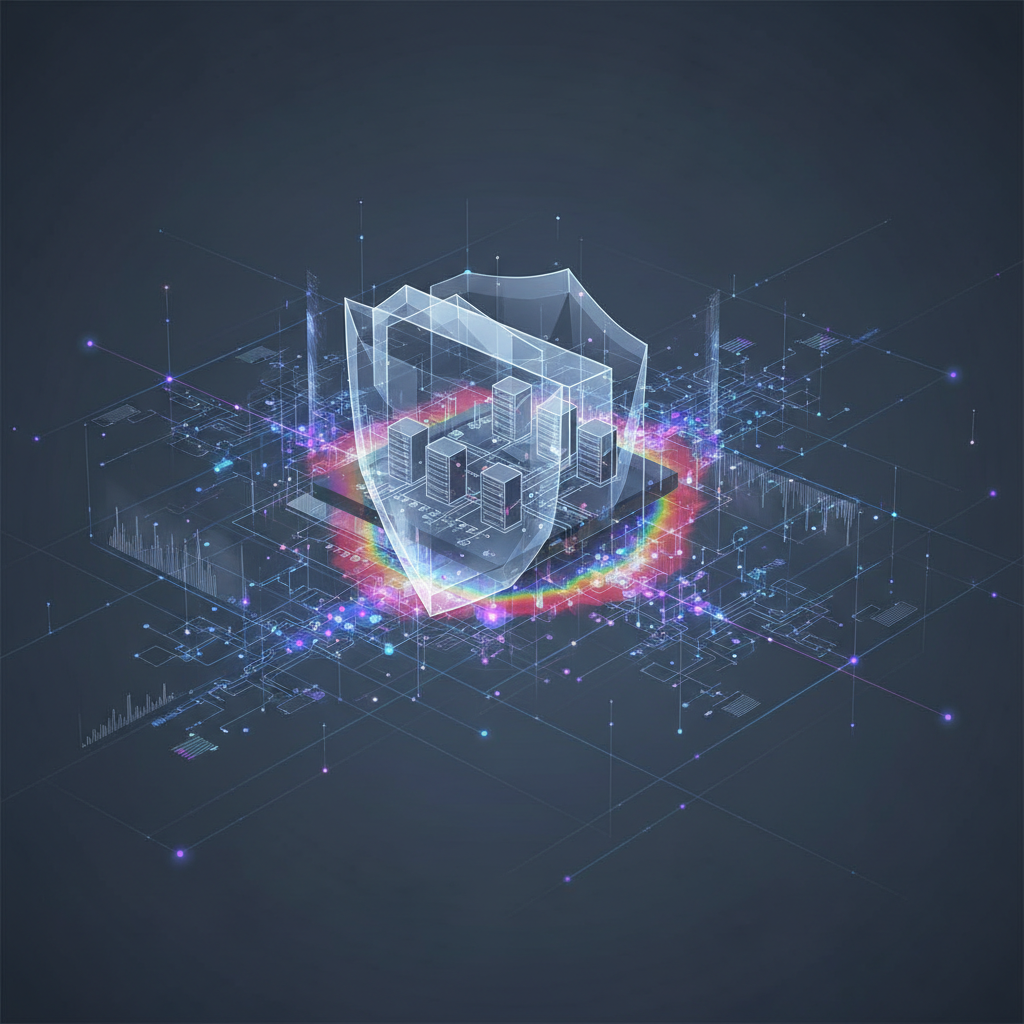 An analytical abstract visualization of network infrastructure security and data validation layers.