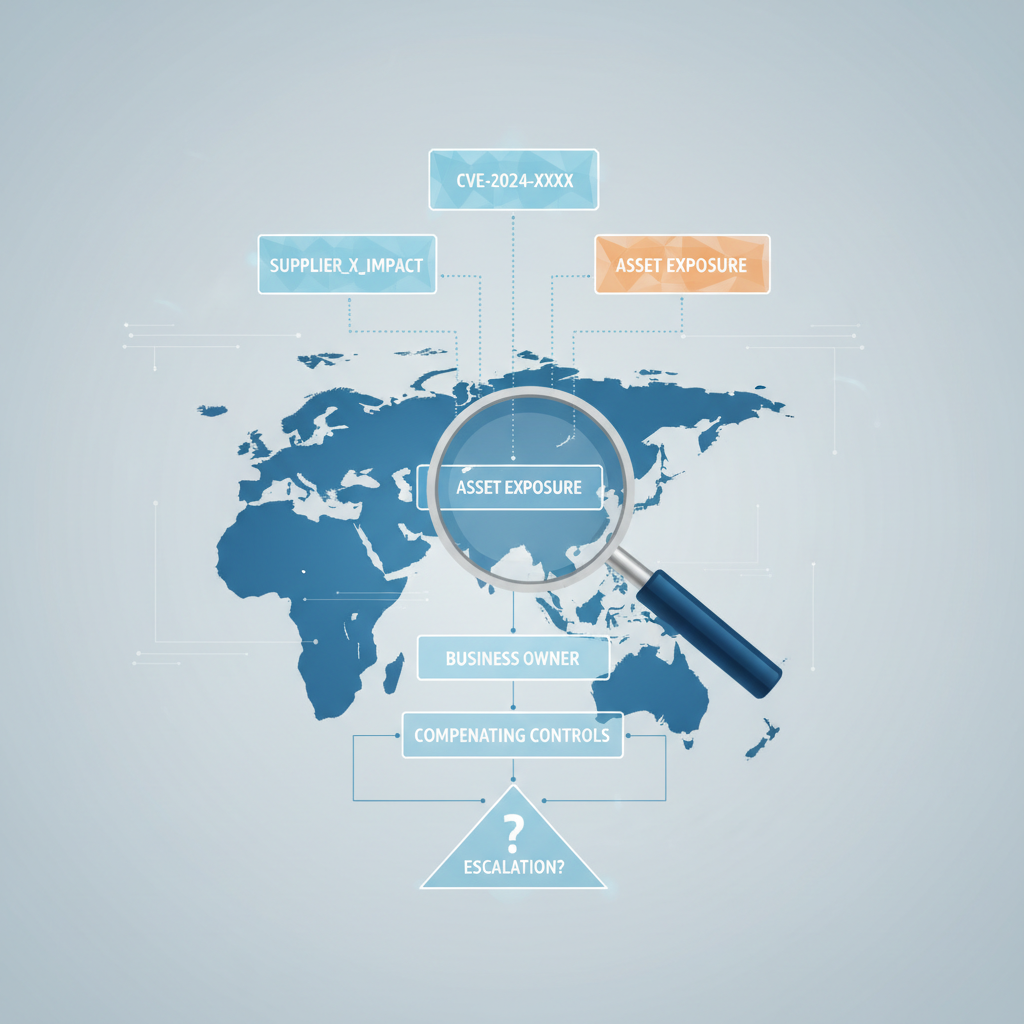 Visual guide to evaluating East Asia vulnerability signals: magnifying glass over regional map with risk factors leading to escalation decision flowchart