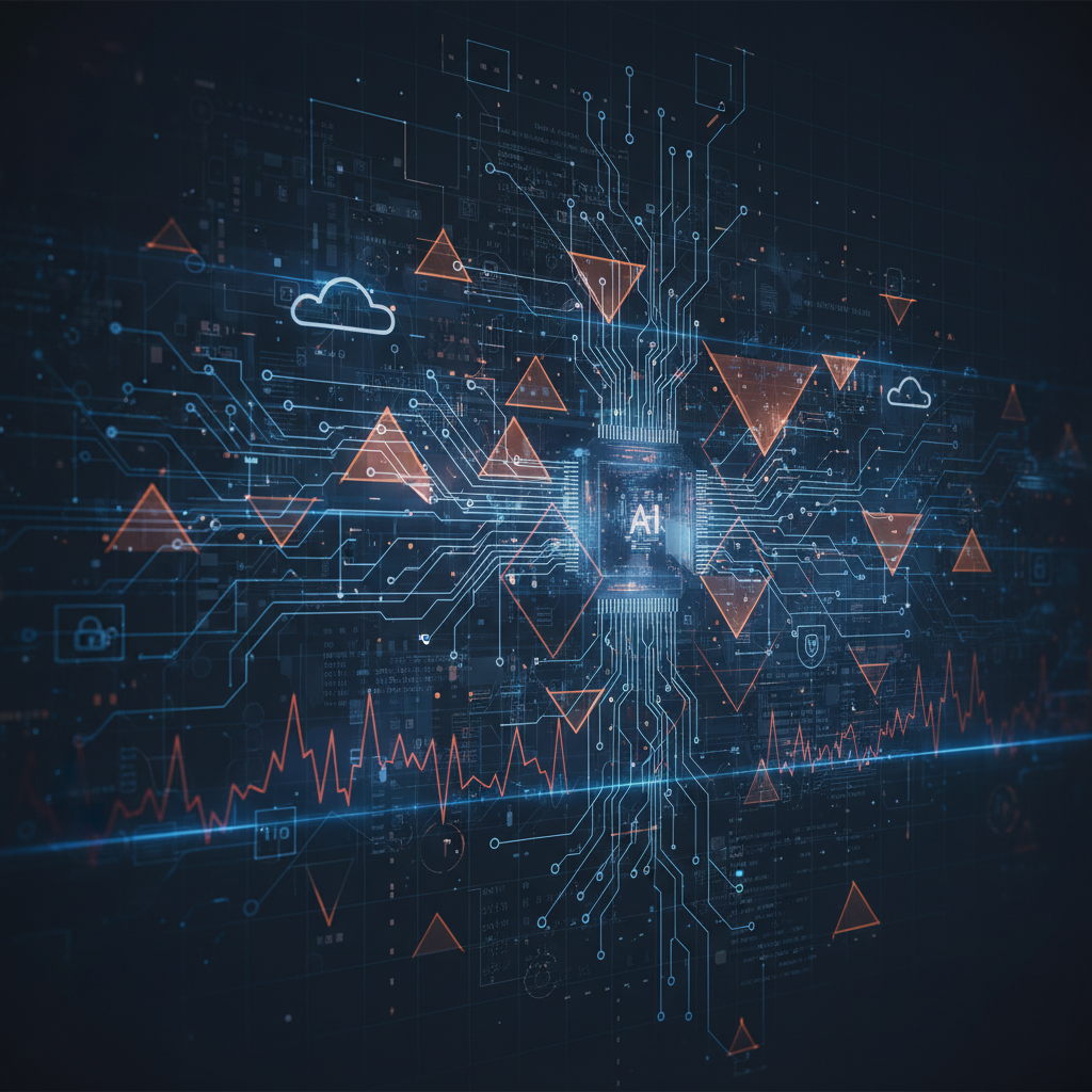 An abstract cybersecurity diagram illustrating interconnected system vulnerabilities and network risk heatmaps.