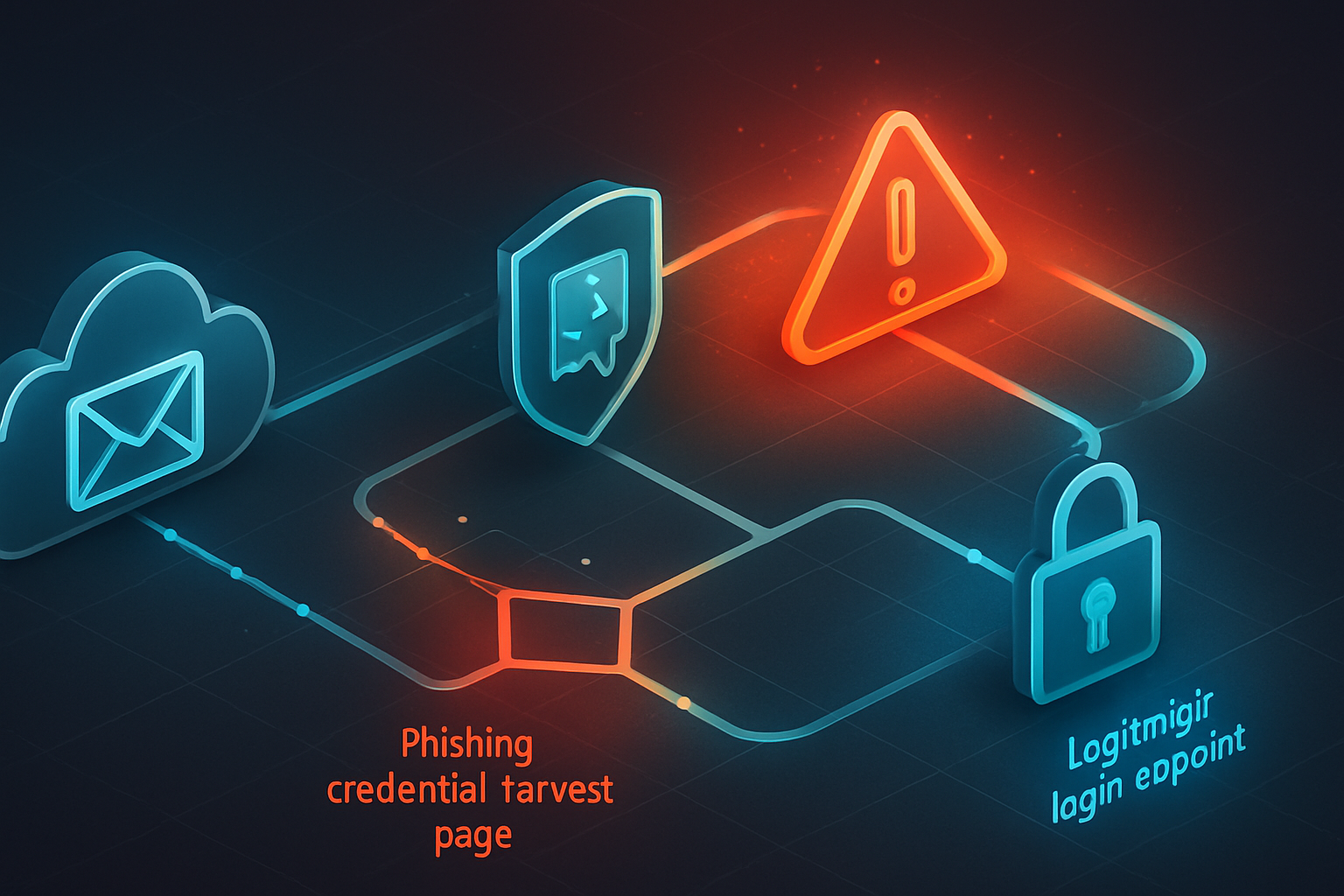 Abstract diagram-style illustration showing a cloud email phishing campaign using lookalike domains, short-lived TLS certificates, and conditional URL-based routing to selectively display phishing pages.