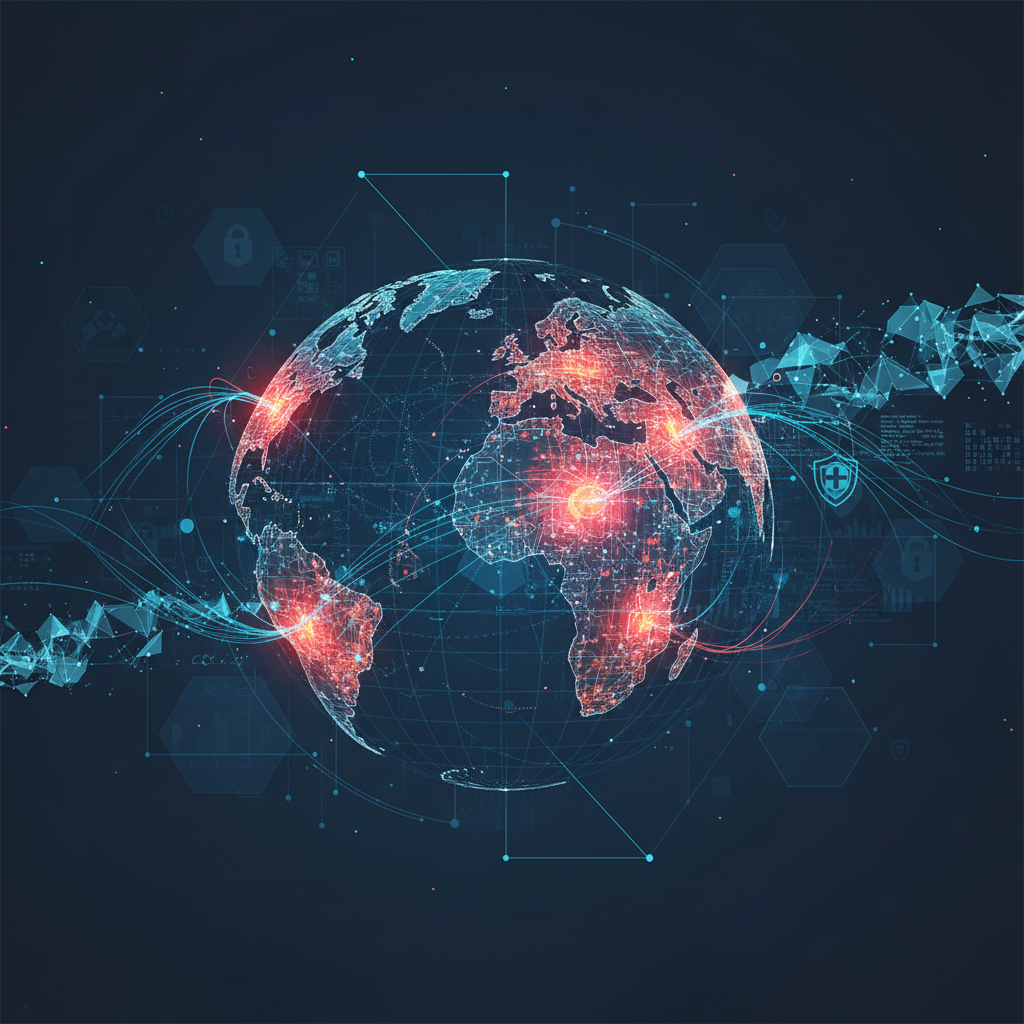 Abstract visualization of global network security risks, featuring data flow traces and heatmaps indicating high-risk zones in aerospace and defense infrastructure.