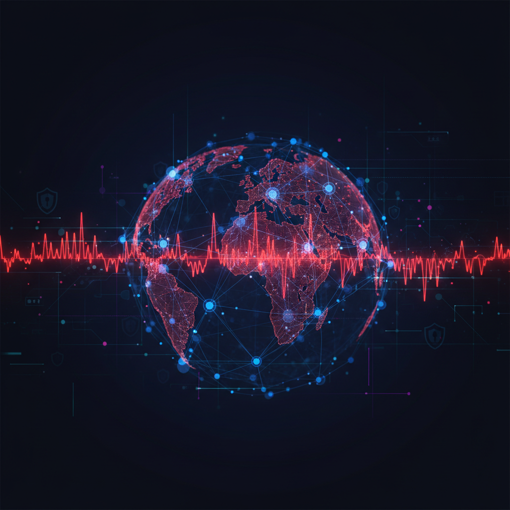 A professional abstract visualization of a global cybersecurity risk heatmap and network infrastructure graph, highlighting critical sectors under threat.