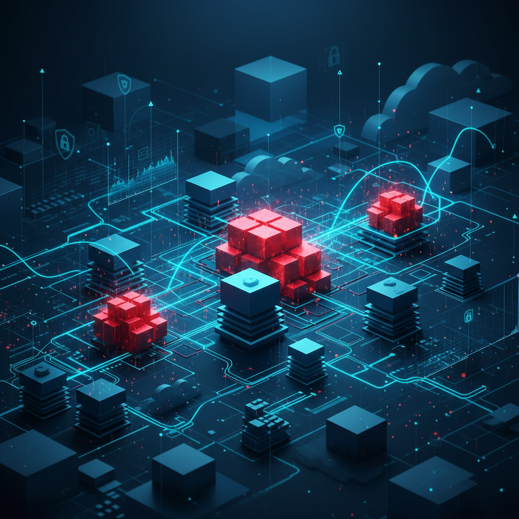 A technical abstract visualization of memory structures and network topology with highlighted risk areas representing a software vulnerability.