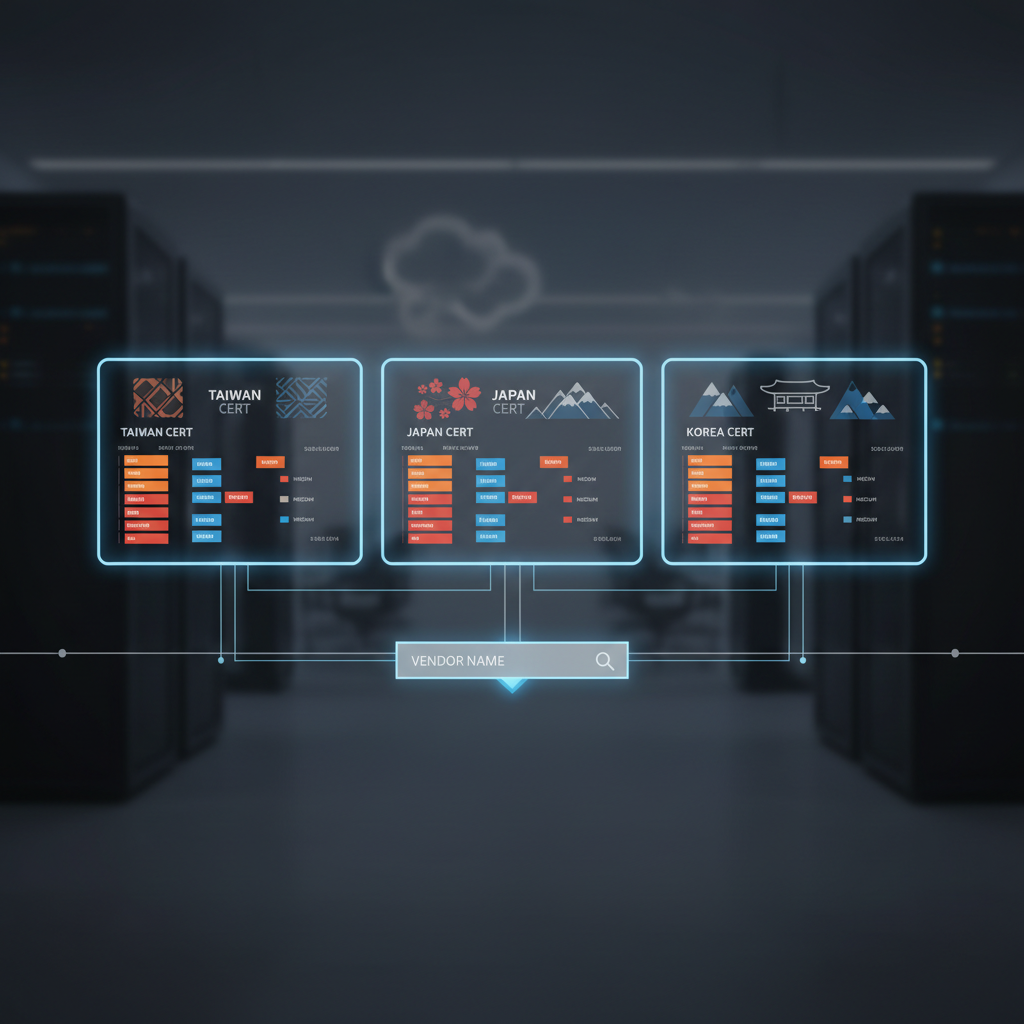 Three side-by-side monitors showing CERT signal interfaces for Taiwan, Japan, and Korea, used to compare vendor-related cybersecurity signals in a security operations center setting.