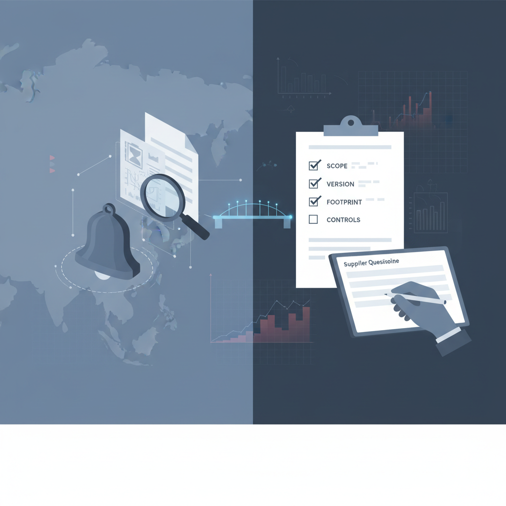 Visual guide to converting East Asia CERT alerts into supplier questions: verifying alert scope, checking product versions, assessing deployment, and requesting evidence of compensating controls.