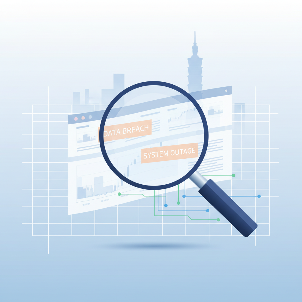 Magnifying glass reviewing a MOPS disclosure page for cybersecurity mentions, representing a lightweight watchlist workflow for Taiwan-listed companies