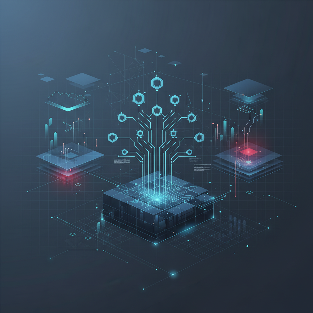 An abstract digital illustration representing Windows system diagnostics, featuring process tree structures and memory dump analysis nodes.