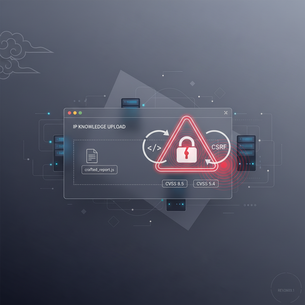 Illustration of web-based IP knowledge management system showing upload interface with security warning symbols for XSS and CSRF vulnerabilities
