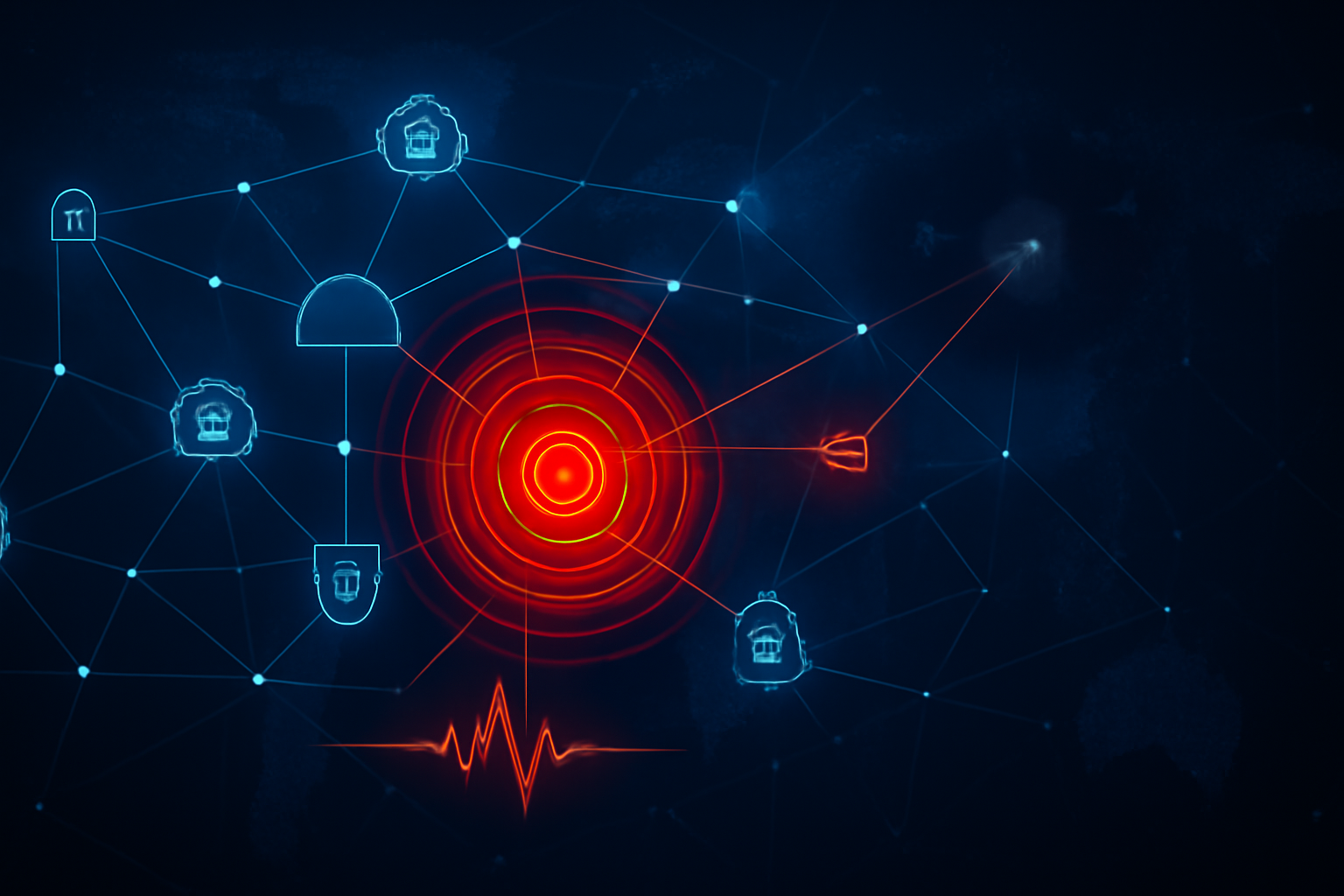 Abstract cybersecurity illustration of a global manufacturing supply-chain network with a highlighted hub and data exfiltration paths indicating ransomware risk.
