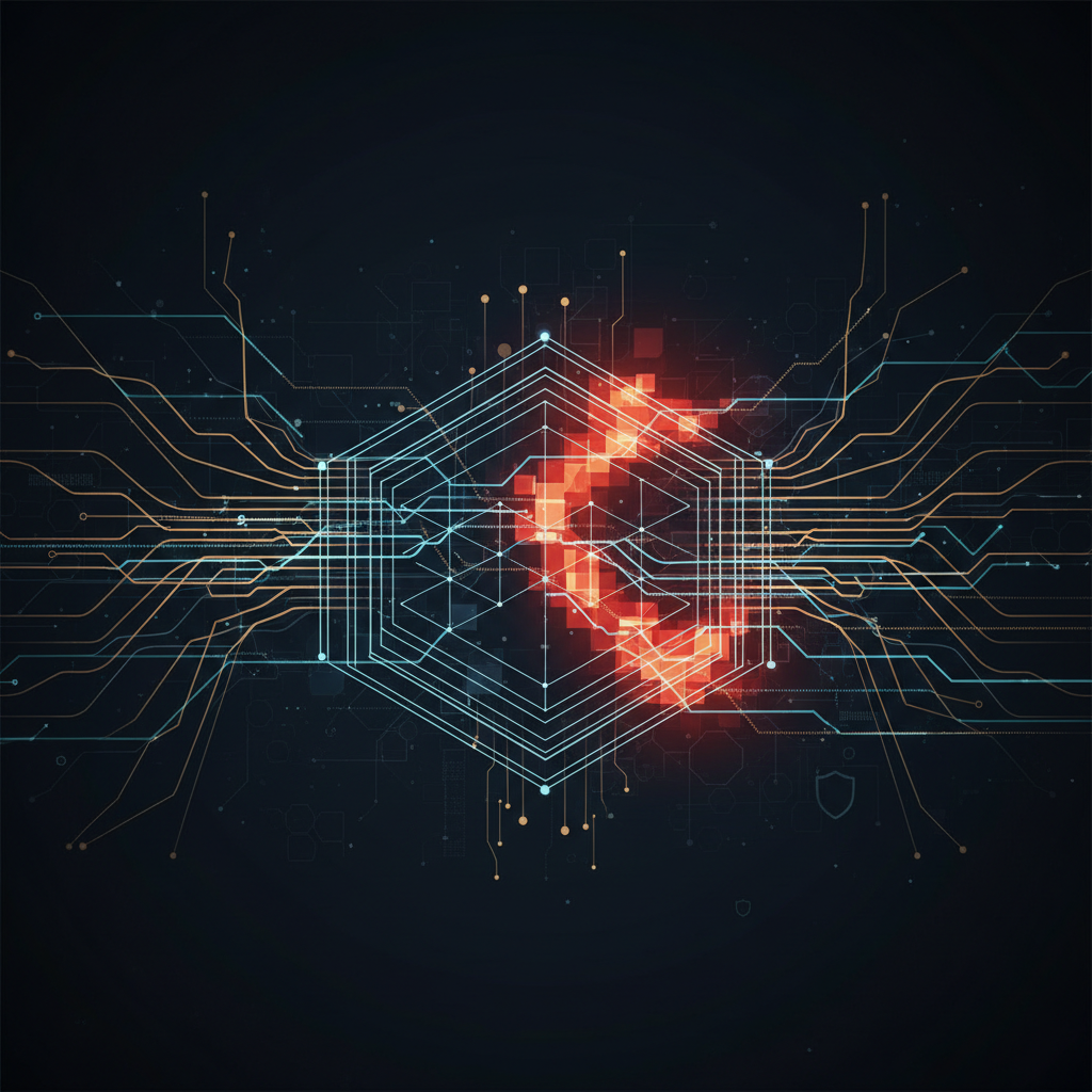 A sophisticated abstract diagram showing digital signal traces passing through a security mesh, with real-time detection and blocking nodes represented by a risk heatmap.