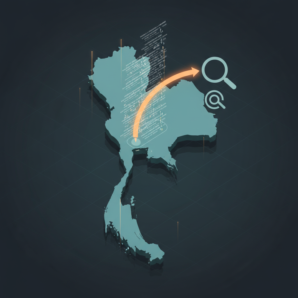 Illustration of a privacy team reviewing a Thailand personal-data exposure signal: a magnifying glass over a map of Thailand with data streams rising toward a search engine icon, symbolizing verification and indexing risk assessment.