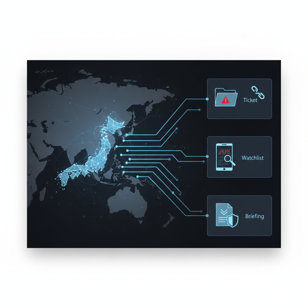 A structured workflow illustration showing the path of East Asia cyber signals from a central monitoring tracker into operational categories like tickets, watchlists, and briefs.