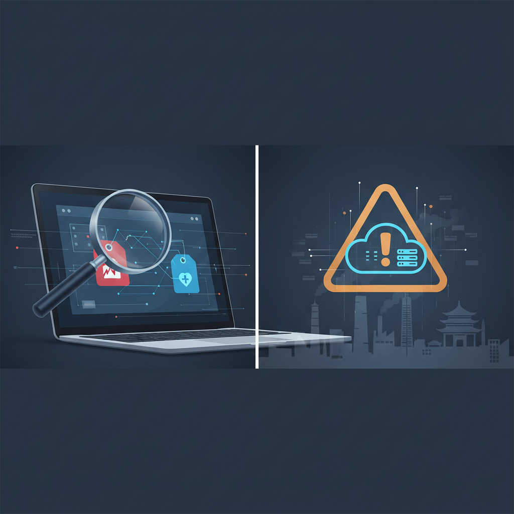 Visual metaphor for verifying ransomware victim claims using Nogosee’s tracker as a monitoring layer before escalation, showing search interface and risk warning